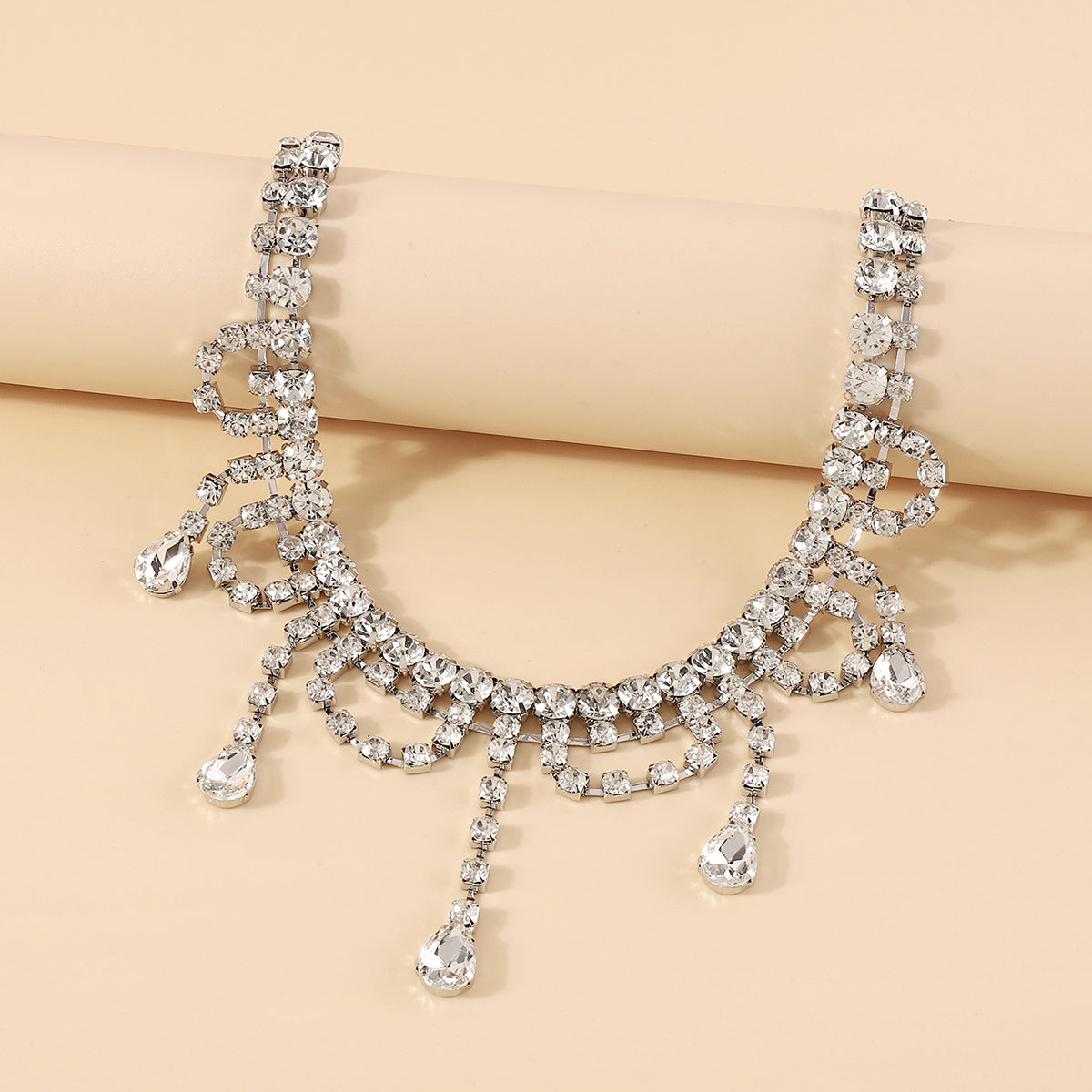 Crystal and Cubic Zirconia Silver-Plated Drop Tassel Choker, chunky silver choker necklace, detail close-up