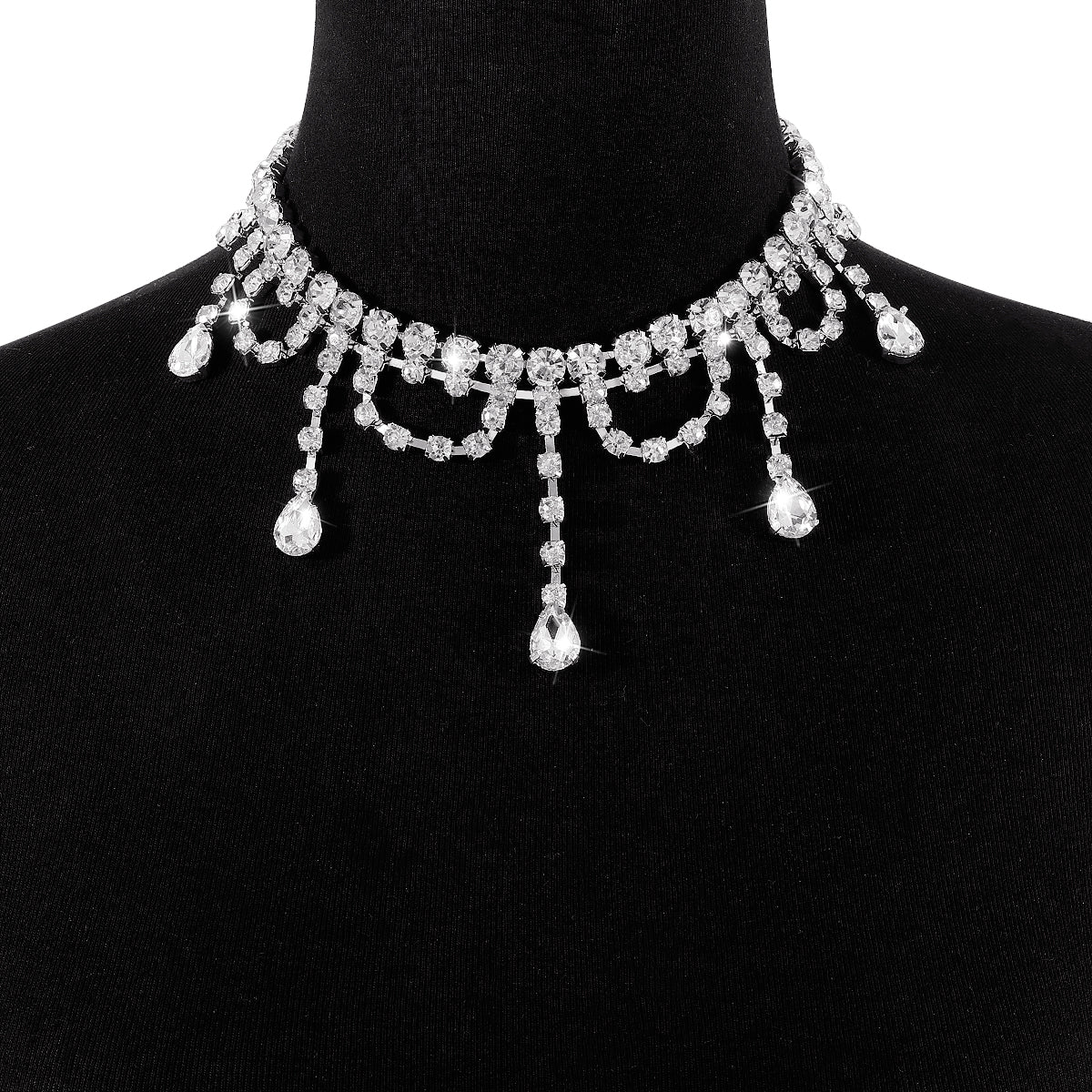 Crystal and Cubic Zirconia Silver-Plated Drop Tassel Choker, chunky silver choker necklace, styled look