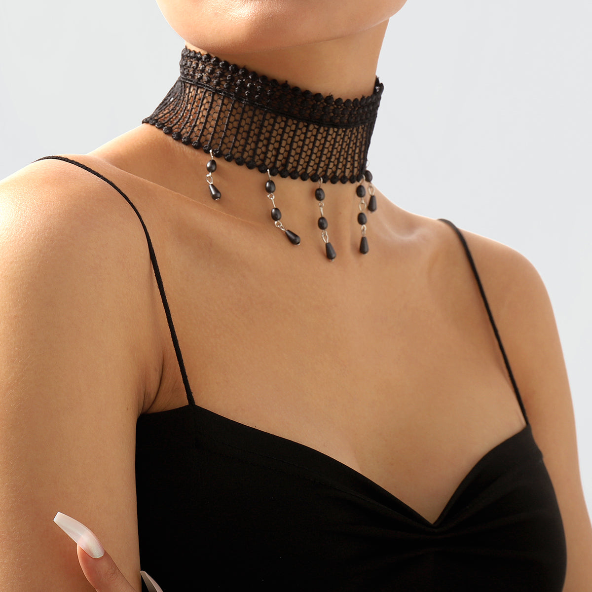 Black Resin & Polyster Silver-Plated Tassel Choker Necklace