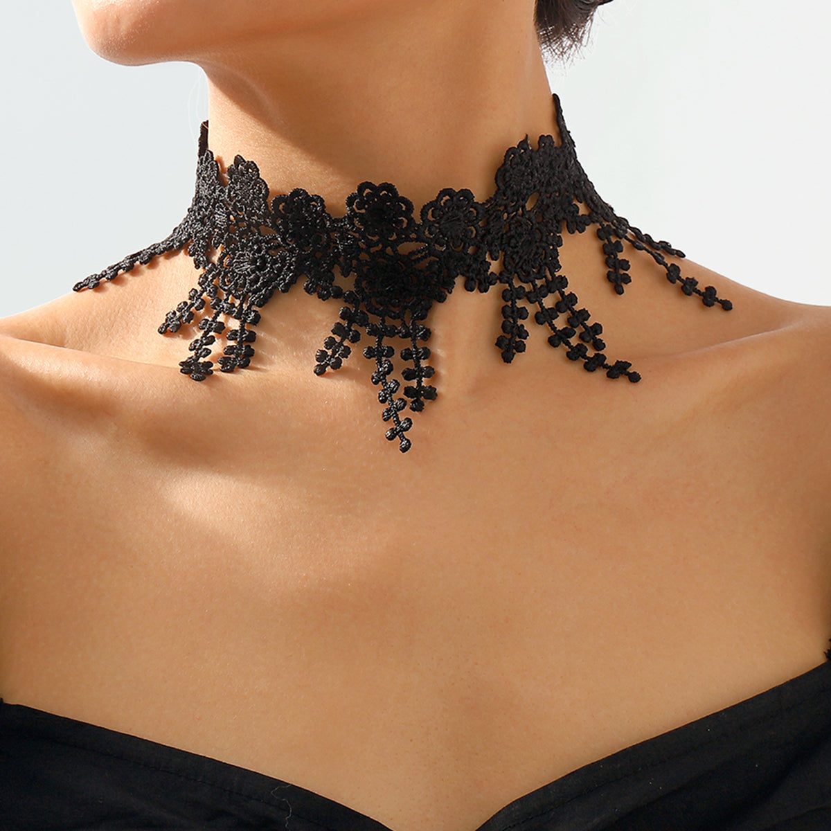 Black Polyster and Silver-Plated Lace Flower Choker Necklace, chunky silver choker necklace, botanical inspired, front view