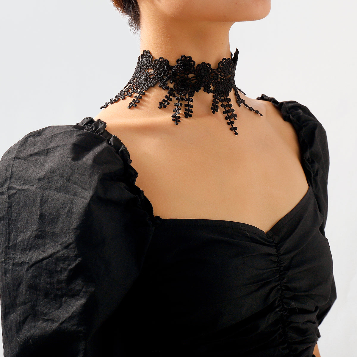 Black Polyster and Silver-Plated Lace Flower Choker Necklace, chunky silver choker necklace, detail close-up
