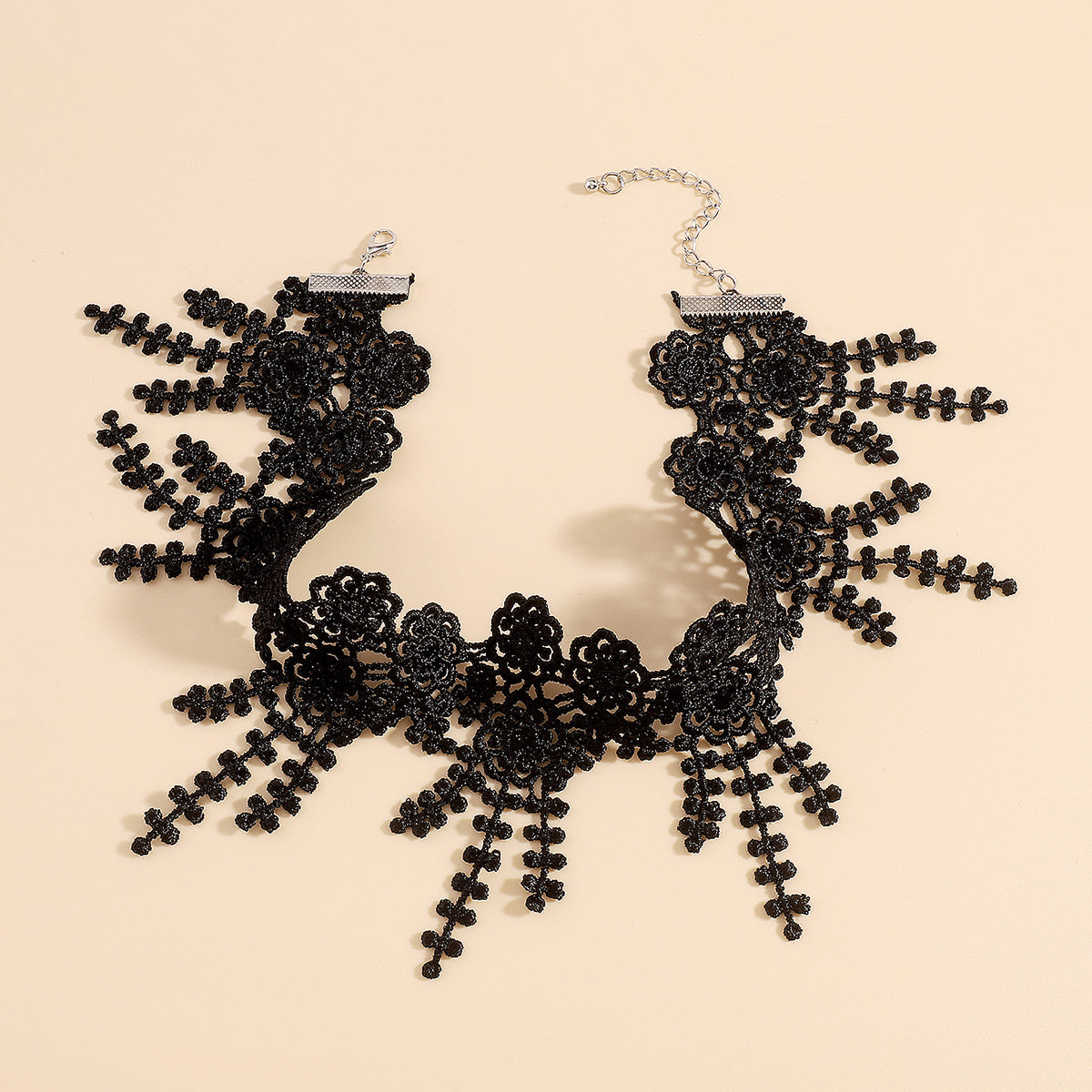 Black Polyster and Silver-Plated Lace Flower Choker Necklace, chunky silver choker necklace, lifestyle look