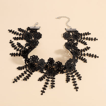 Black Polyster and Silver-Plated Lace Flower Choker Necklace, chunky silver choker necklace, lifestyle look