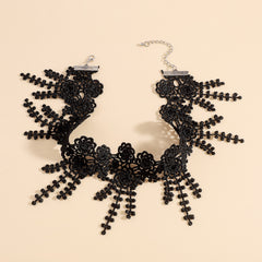 Black Polyster & Silver-Plated Lace Flower Choker Necklace