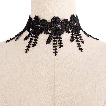 Black Polyster and Silver-Plated Lace Flower Choker Necklace, chunky silver choker necklace, botanical inspired, styled look