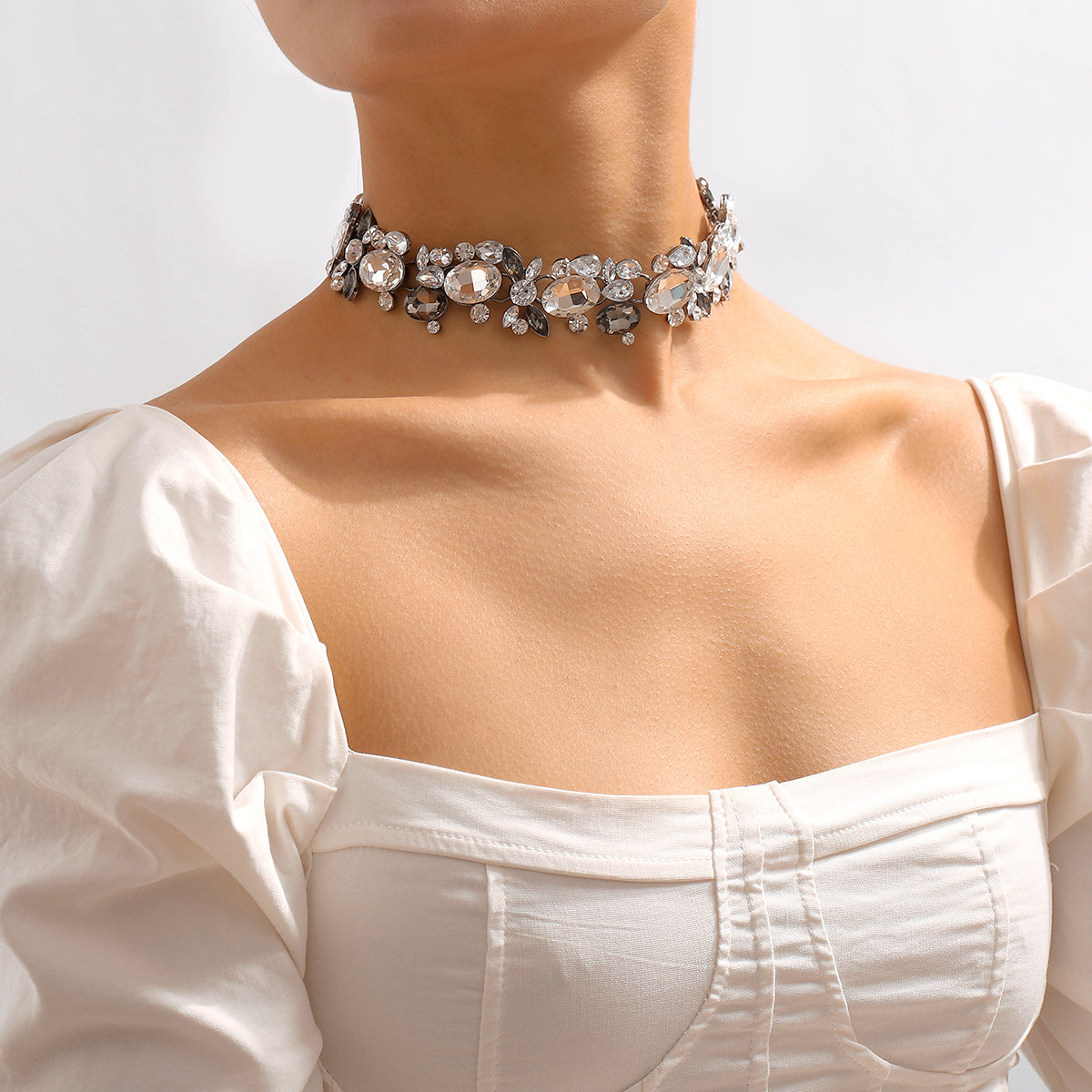 Gray and White Crystal Cluster Choker, chunky choker necklace, botanical inspired, front view