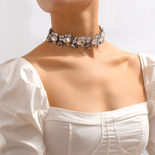 Gray and White Crystal Cluster Choker, chunky choker necklace, botanical inspired, front view