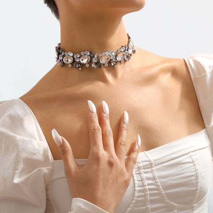 Gray and White Crystal Cluster Choker, chunky choker necklace, botanical inspired, side view
