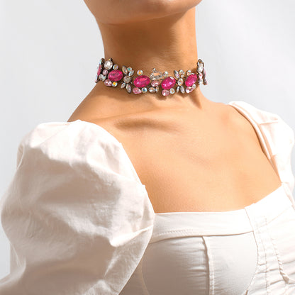 Rose Crystal and Rhodium-Plated Cluster Choker Necklace, chunky choker necklace, vintage-inspired design, front view
