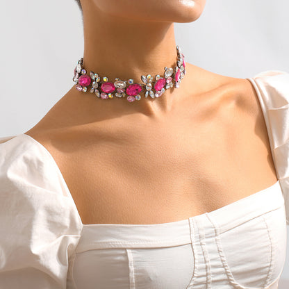 Rose Crystal and Rhodium-Plated Cluster Choker Necklace, chunky choker necklace, vintage-inspired design, side view