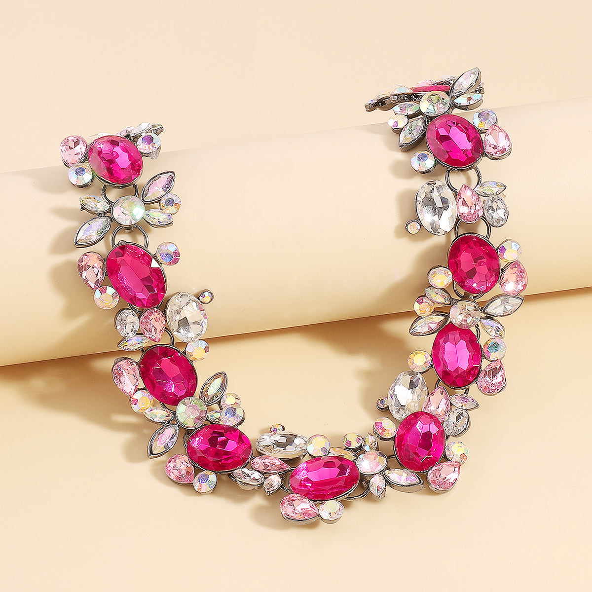 Rose Crystal and Rhodium-Plated Cluster Choker Necklace, chunky choker necklace, vintage-inspired design, detail close-up