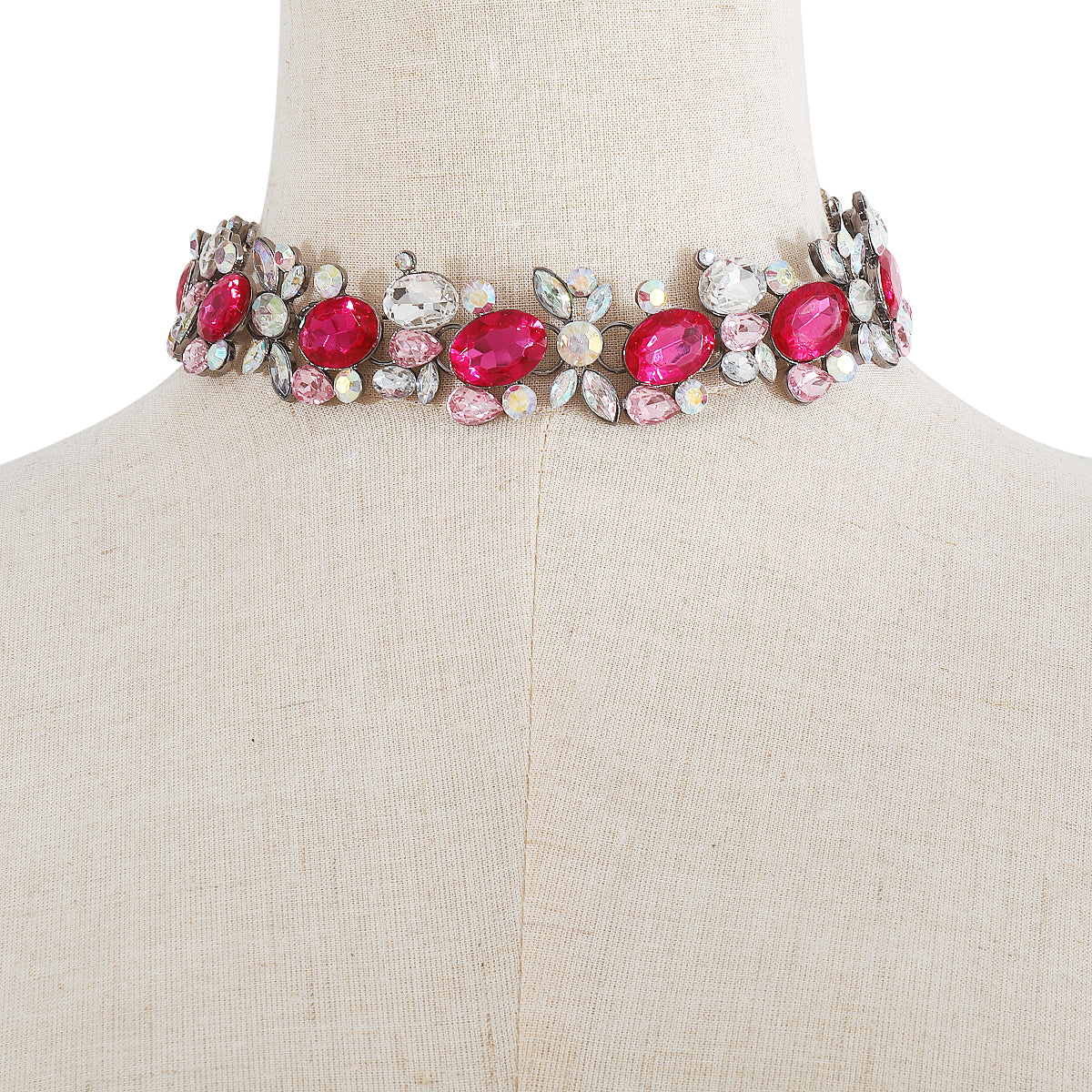 Rose Crystal and Rhodium-Plated Cluster Choker Necklace, chunky choker necklace, vintage-inspired design, styled look