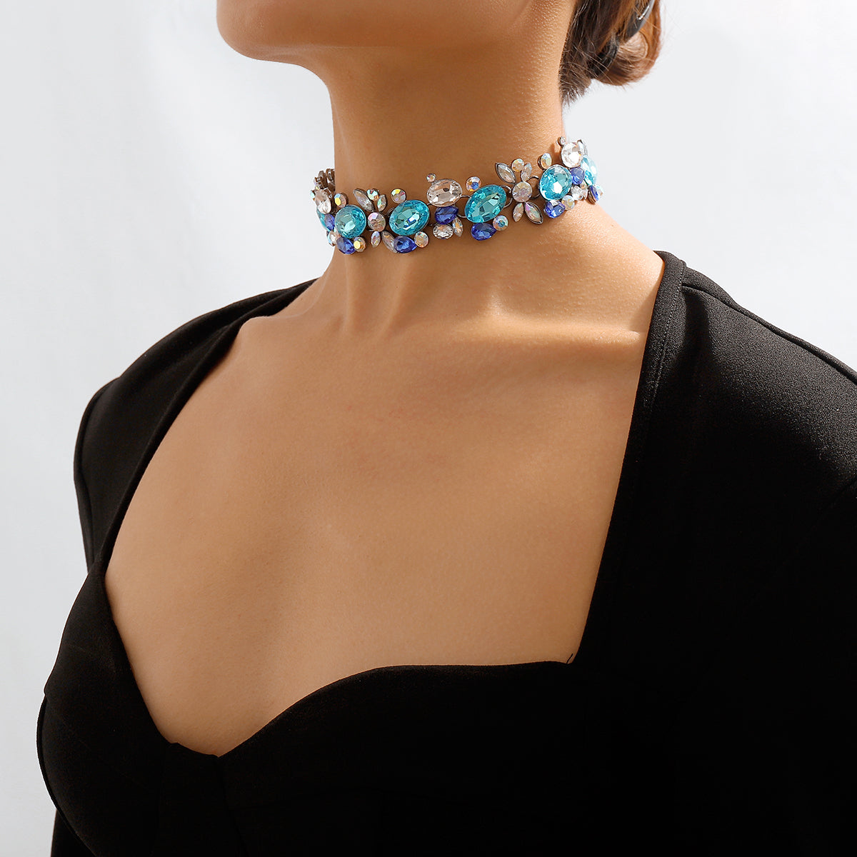 Blue and White Crystal Cluster Choker, chunky choker necklace, dainty minimalist design, front view