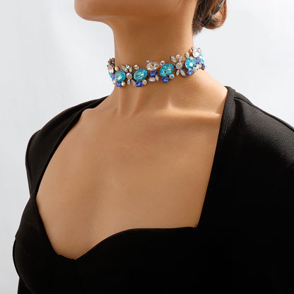 Blue and White Crystal Cluster Choker, chunky choker necklace, dainty minimalist design, front view