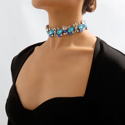 Blue and White Crystal Cluster Choker, chunky choker necklace, dainty minimalist design, front view