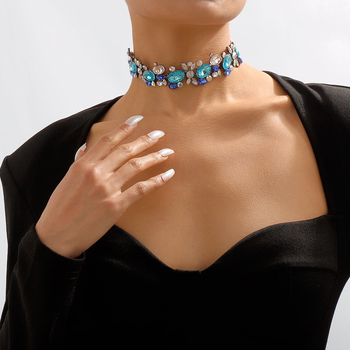 Blue and White Crystal Cluster Choker, chunky choker necklace, dainty minimalist design, side view
