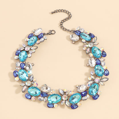 Blue and White Crystal Cluster Choker, chunky choker necklace, dainty minimalist design, detail close-up