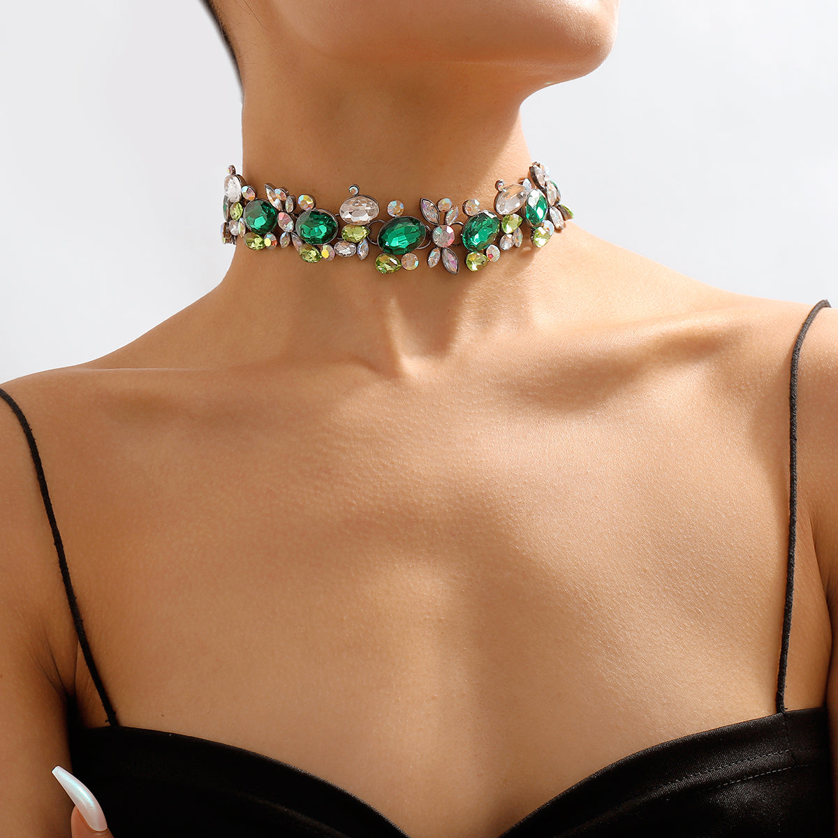 Green and White Crystal Cluster Choker, chunky choker necklace, dainty minimalist design, side view