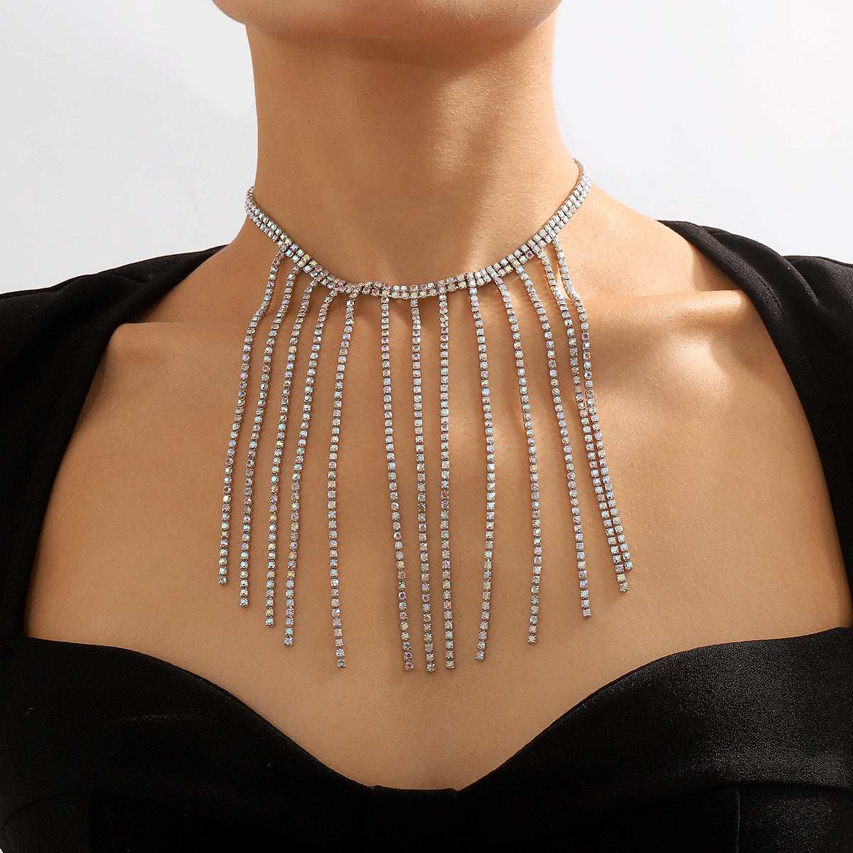 Iridescent Cubic Zirconia and Silver-Plated Tassel Choker, silver pendant necklace for women, front view
