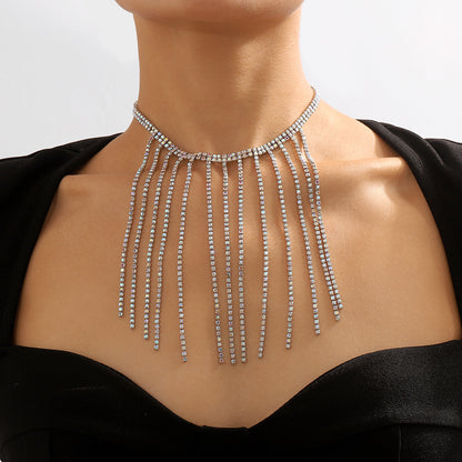 Iridescent Cubic Zirconia and Silver-Plated Tassel Choker, silver pendant necklace for women, front view