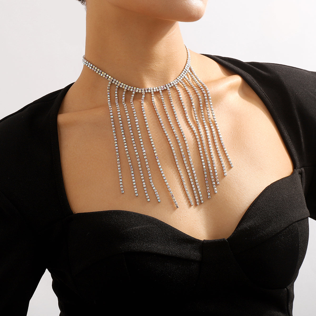 Iridescent Cubic Zirconia and Silver-Plated Tassel Choker, silver pendant necklace for women, elegant gift for her, side view