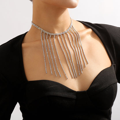 Iridescent Cubic Zirconia and Silver-Plated Tassel Choker, silver pendant necklace for women, elegant gift for her, side view