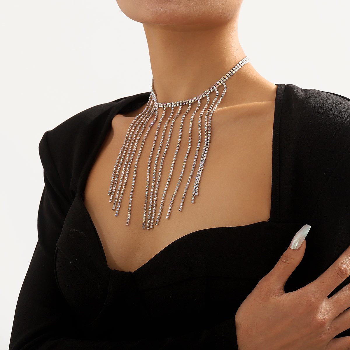 Iridescent Cubic Zirconia and Silver-Plated Tassel Choker, silver pendant necklace for women, detail close-up
