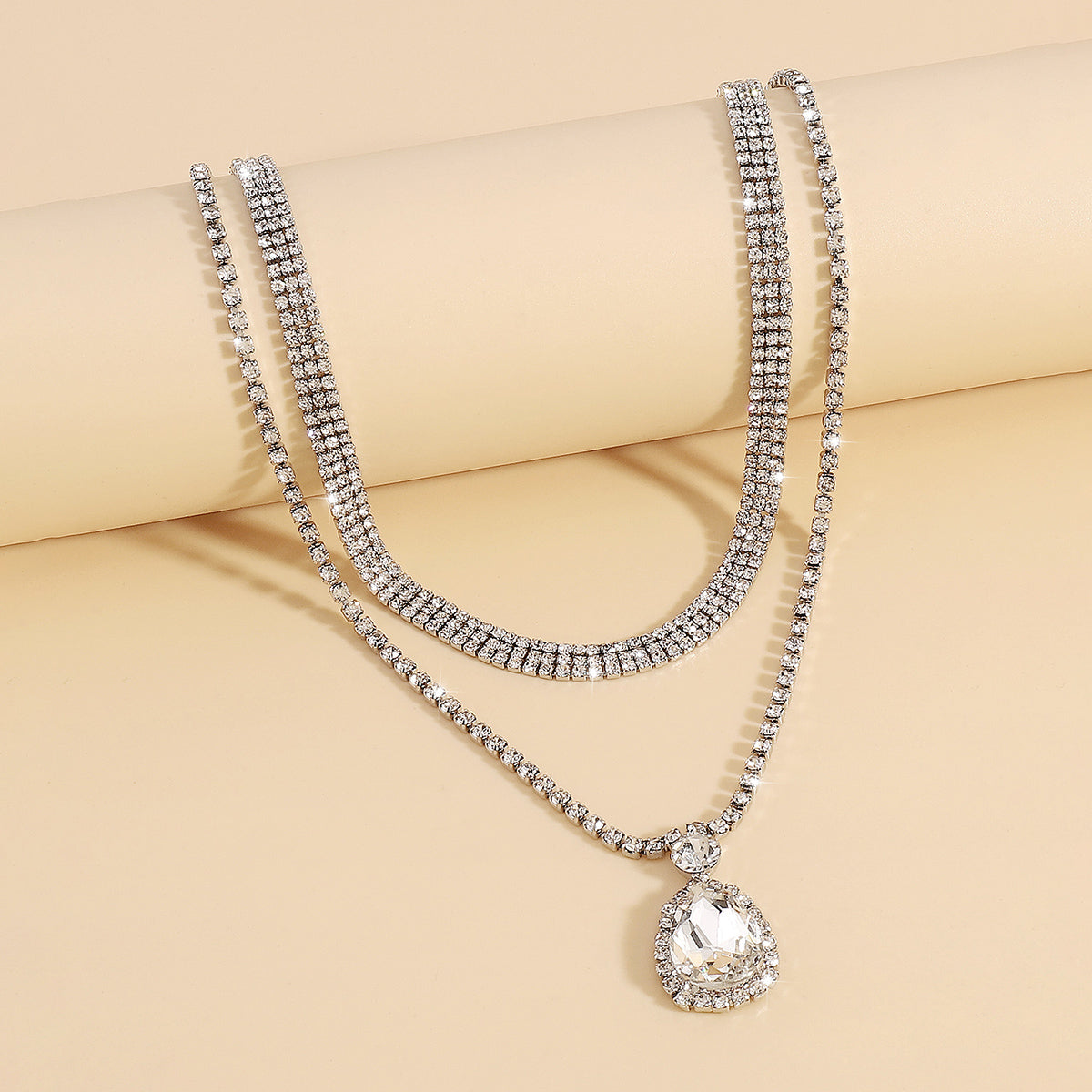 Cubic Zirconia & Crystal Silver-Plated Layered Pendant Necklace