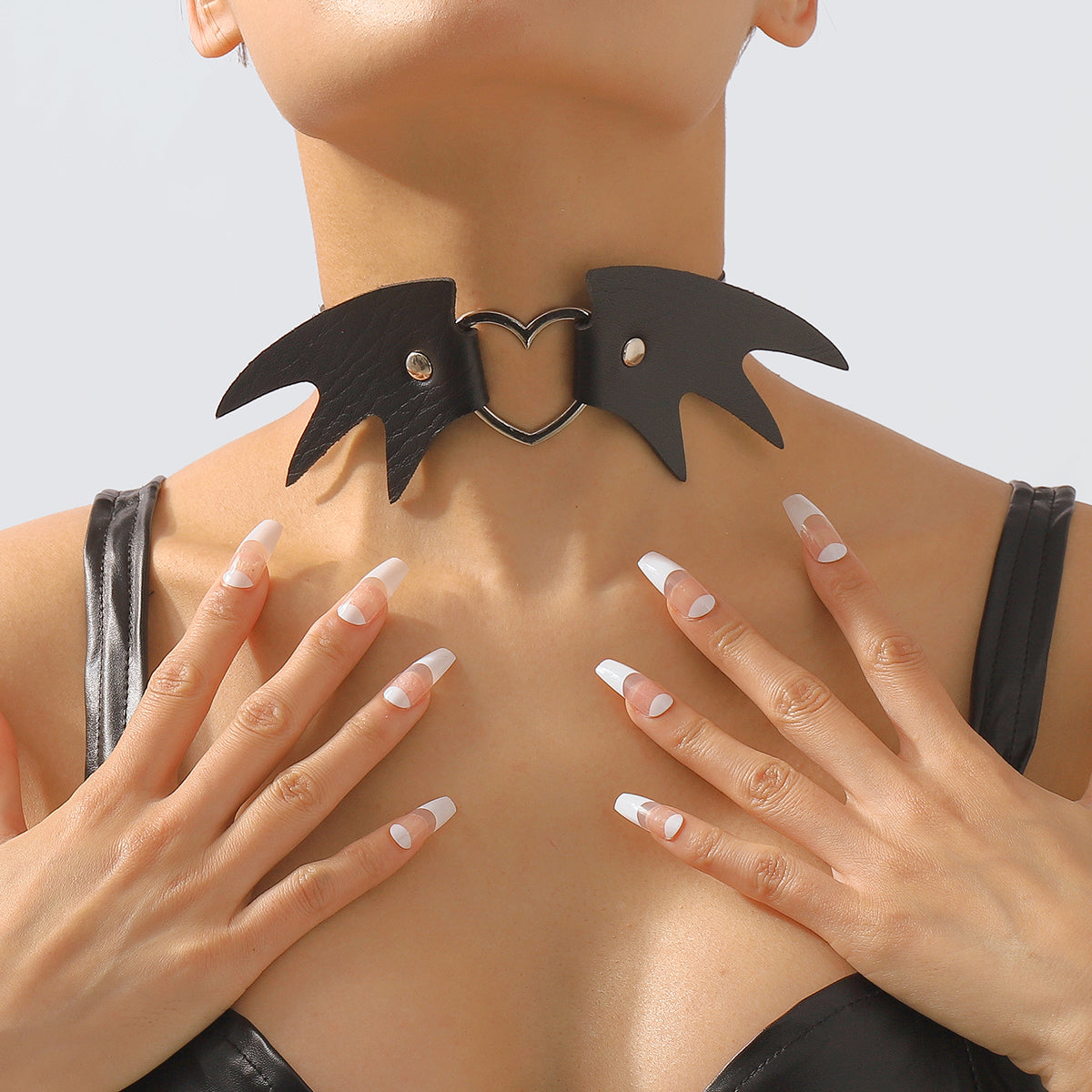 Black Polystyrene and Silver-Plated Bat Wing Heart Choker Necklace, chunky silver choker necklace, front view