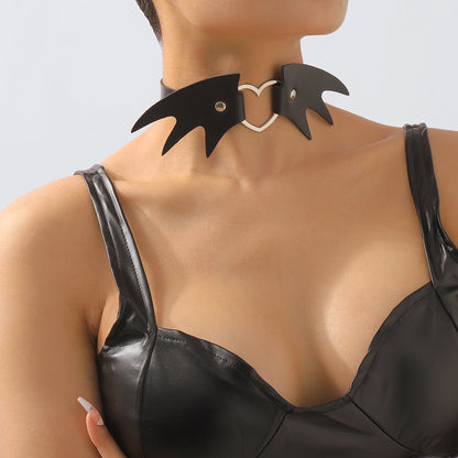 Black Polystyrene and Silver-Plated Bat Wing Heart Choker Necklace, chunky silver choker necklace, detail close-up