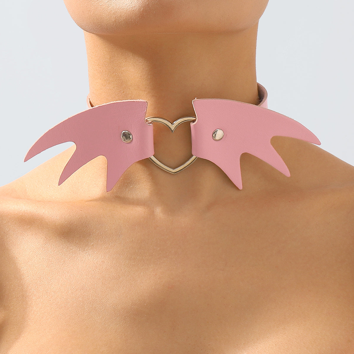 Pink Polystyrene and Silver-Plated Bat Wing Heart Choker Necklace, chunky silver choker necklace, front view