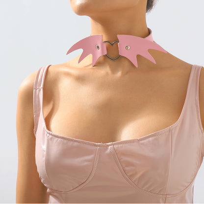 Pink Polystyrene and Silver-Plated Bat Wing Heart Choker Necklace, chunky silver choker necklace, side view