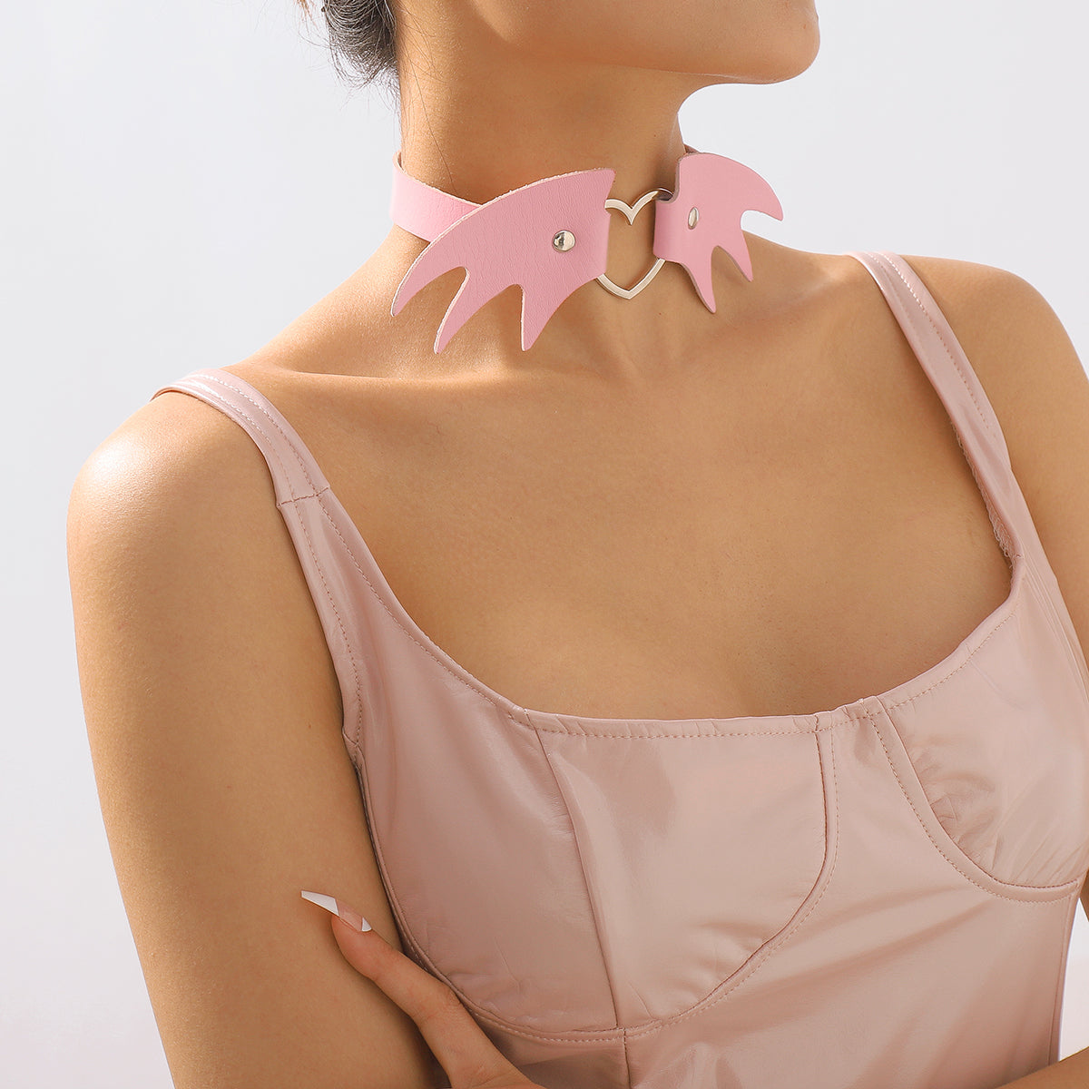 Pink Polystyrene and Silver-Plated Bat Wing Heart Choker Necklace, chunky silver choker necklace, detail close-up