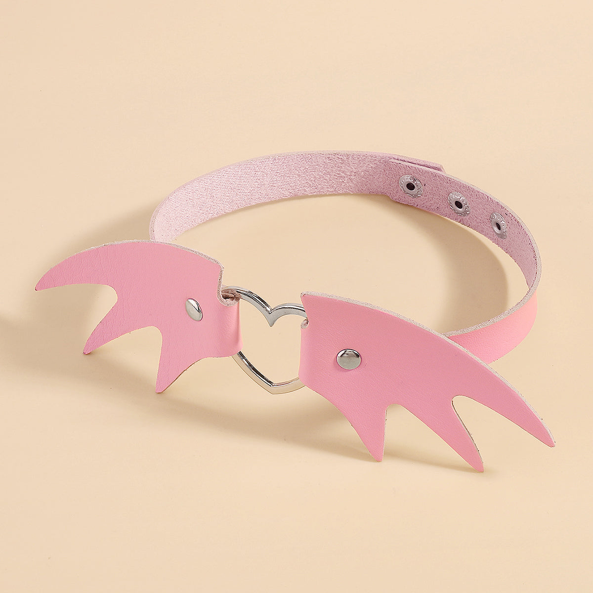 Pink Polystyrene and Silver-Plated Bat Wing Heart Choker Necklace, chunky silver choker necklace, lifestyle look