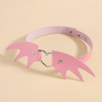 Pink Polystyrene and Silver-Plated Bat Wing Heart Choker Necklace, chunky silver choker necklace, lifestyle look