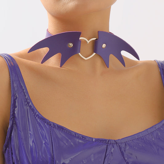 Purple Polystyrene and Silver-Plated Bat Wing Heart Choker Necklace, chunky silver choker necklace, front view
