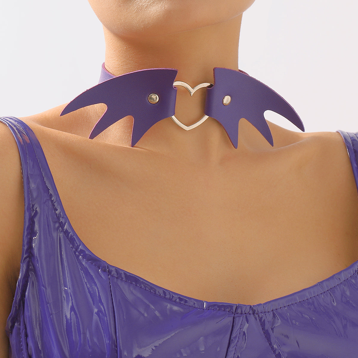 Purple Polystyrene & Silver-Plated Bat Wing Heart Choker Necklace