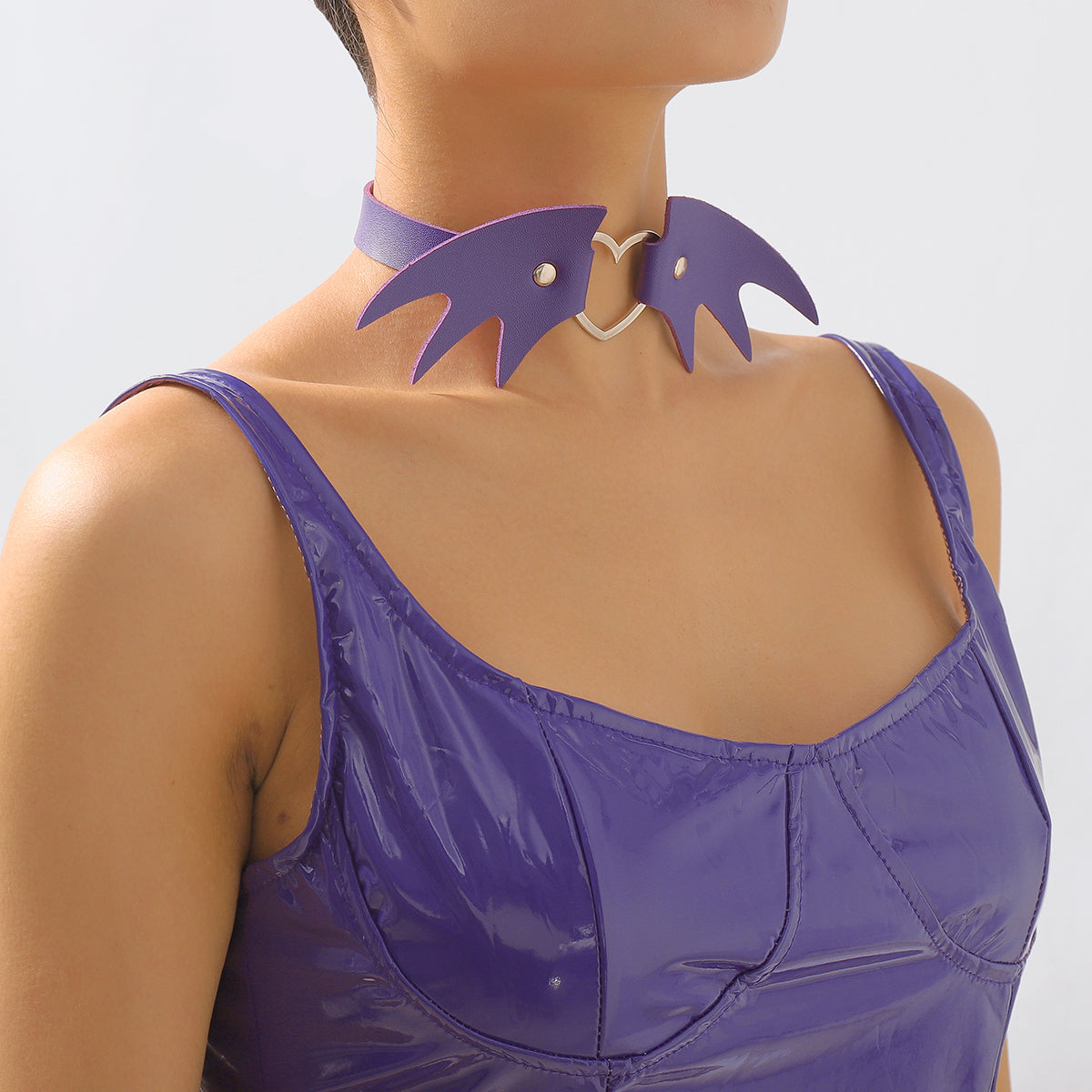 Purple Polystyrene & Silver-Plated Bat Wing Heart Choker Necklace