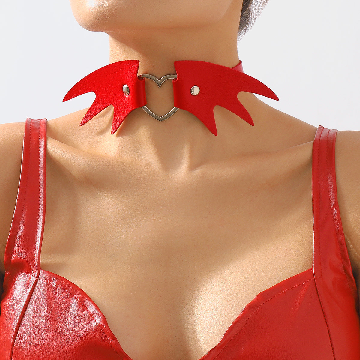 Red Polyurethane and Silver-Plated Bat Wing Heart Choker Necklace, chunky silver choker necklace, front view