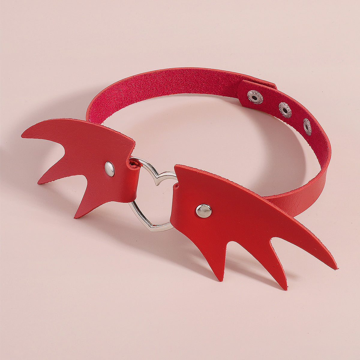 Red Polyurethane and Silver-Plated Bat Wing Heart Choker Necklace, chunky silver choker necklace, lifestyle look