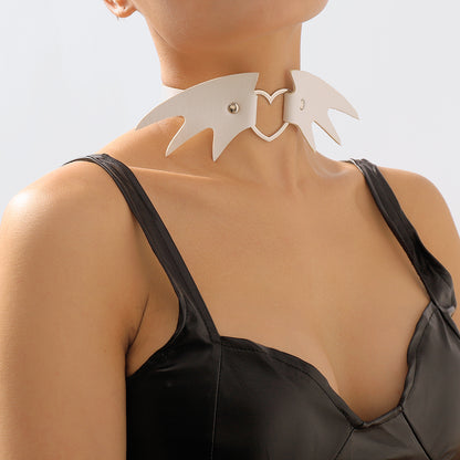 White Polyurethane and Silver-Plated Bat Wing Heart Choker Necklace, chunky silver choker necklace, front view