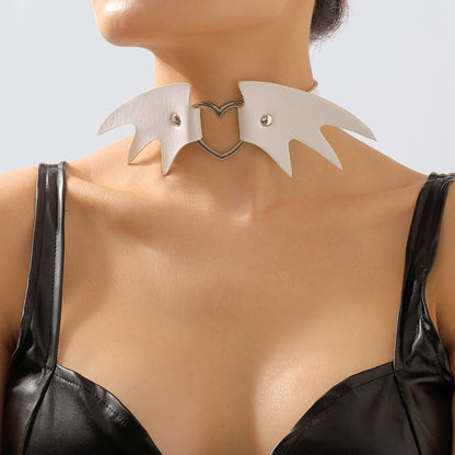 White Polyurethane and Silver-Plated Bat Wing Heart Choker Necklace, chunky silver choker necklace, side view