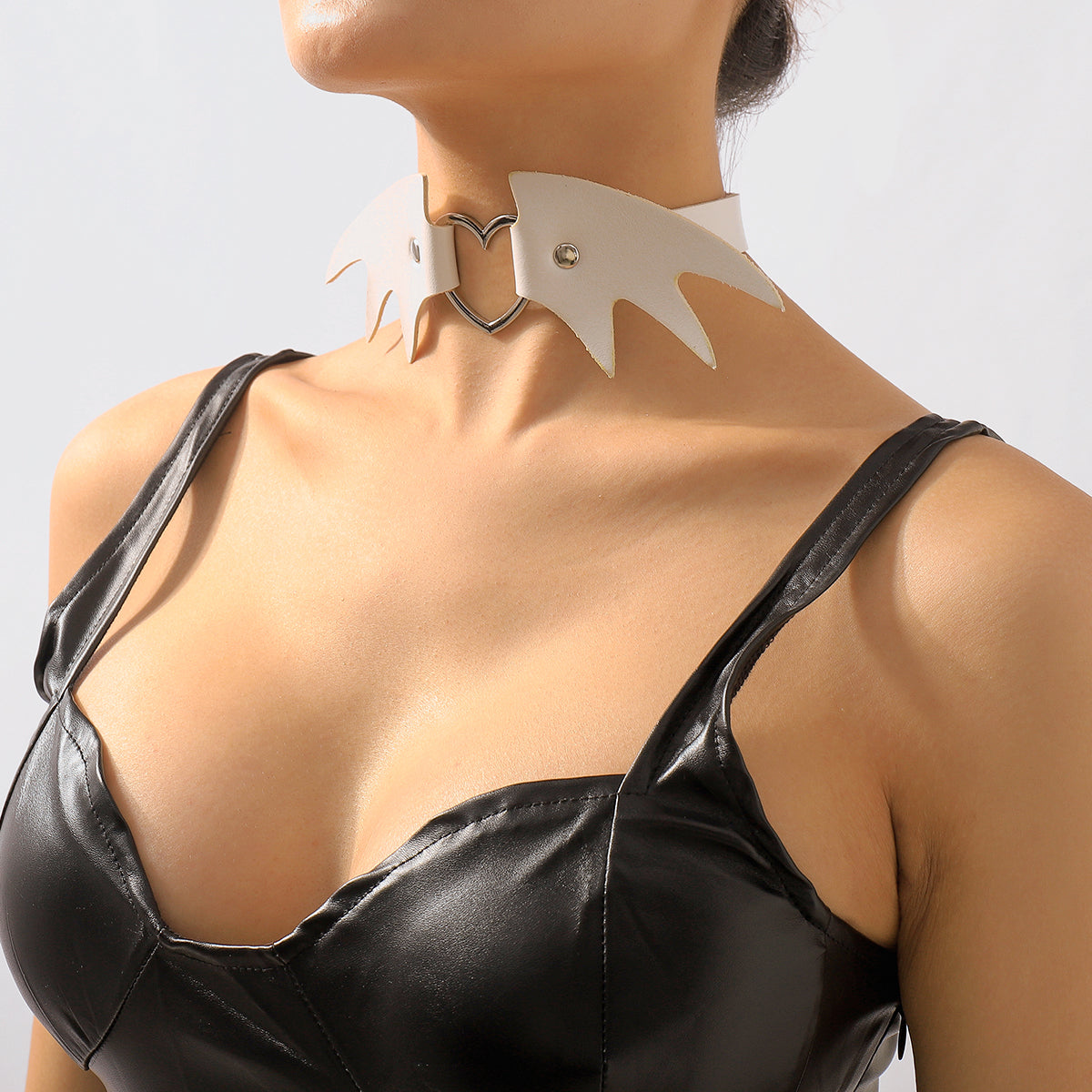 White Polyurethane and Silver-Plated Bat Wing Heart Choker Necklace, chunky silver choker necklace, detail close-up