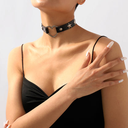 Black Polystyrene and Silver-Plated Star Heart Choker Necklace, chunky silver choker necklace, detail close-up