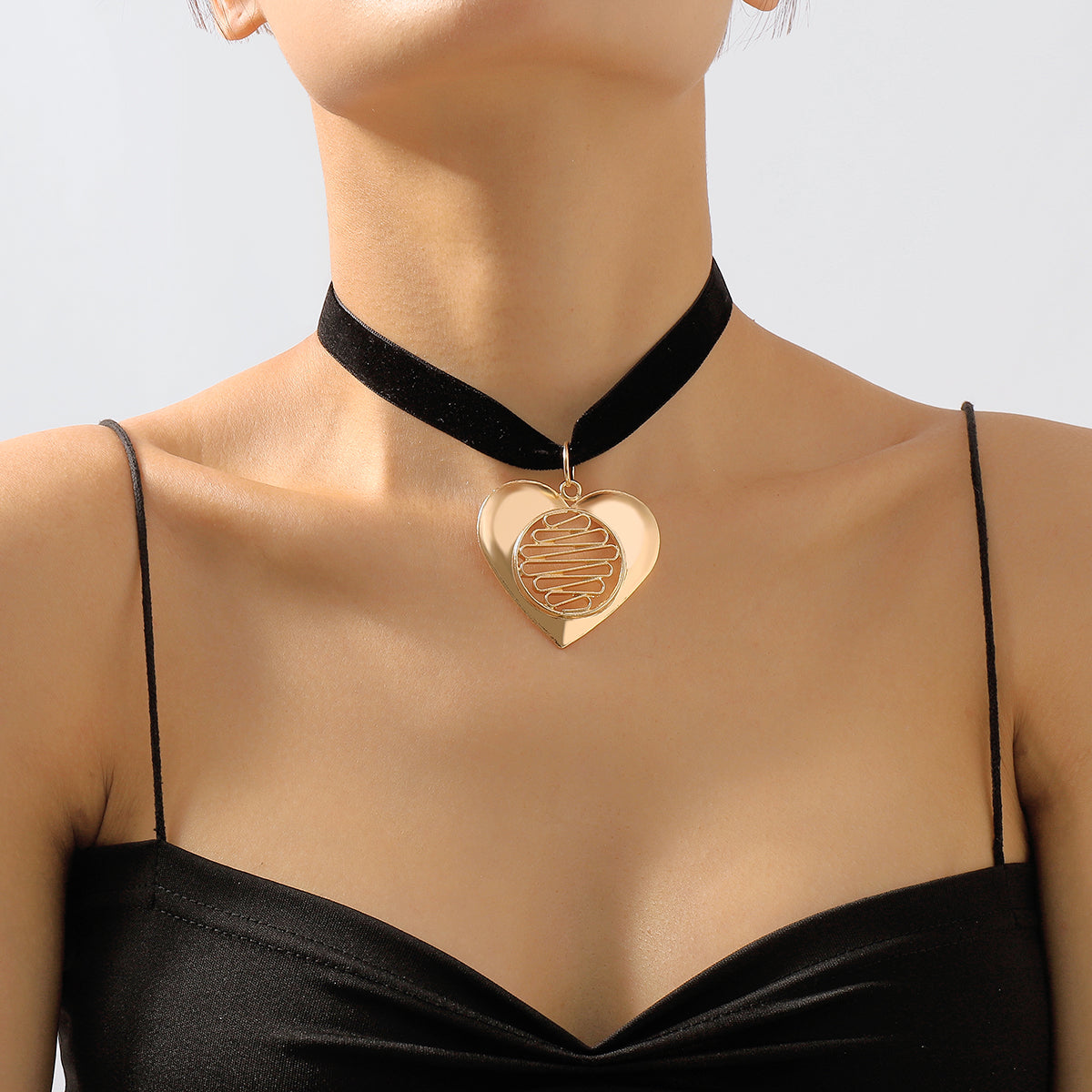 Black Nylon and 18K Gold-Plated Stripped Heart Choker Necklace, gold pendant necklace for women, front view