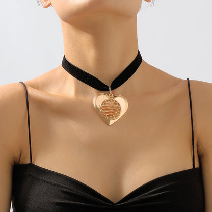 Black Nylon and 18K Gold-Plated Stripped Heart Choker Necklace, gold pendant necklace for women, front view