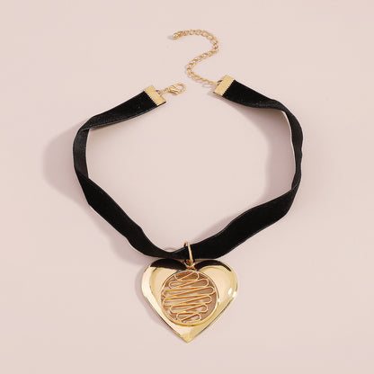 Black Nylon and 18K Gold-Plated Stripped Heart Choker Necklace, gold pendant necklace for women, lifestyle look