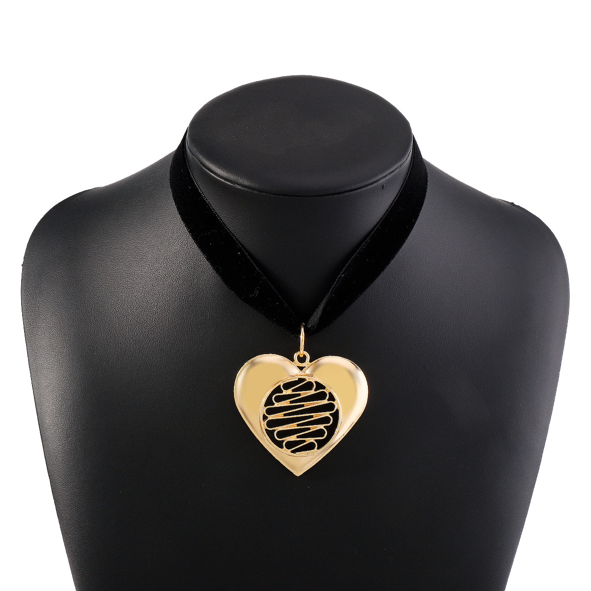 Black Nylon and 18K Gold-Plated Stripped Heart Choker Necklace, gold pendant necklace for women, styled look