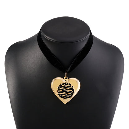 Black Nylon and 18K Gold-Plated Stripped Heart Choker Necklace, gold pendant necklace for women, styled look