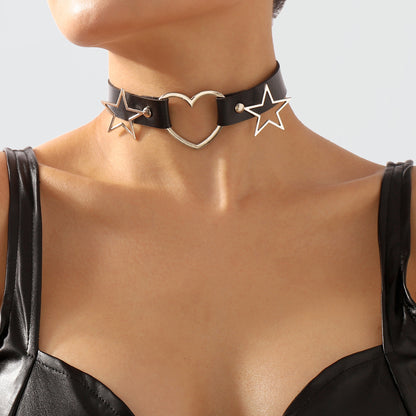 Black Polystyrene and Silver-Plated Star Heart Choker Necklace, chunky silver choker necklace, front view